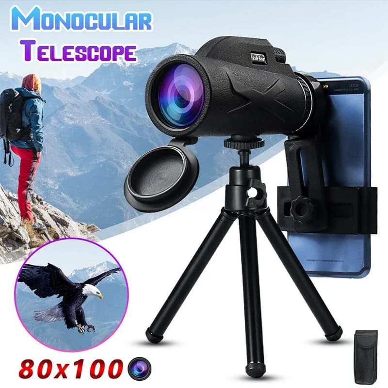 Telescopio monoculare con zoom HD 80x100 Cannocchiale per visione notturna con supporto per telefono e treppiede telescopico Telescopio con lente ottica monoculare