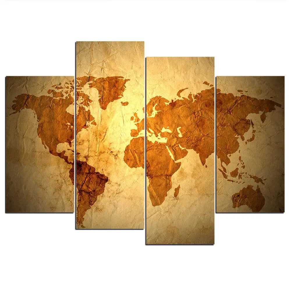 4 pcs print poster canvas art wall painting world map brown glowing modular images on the wall sitting room without frame
