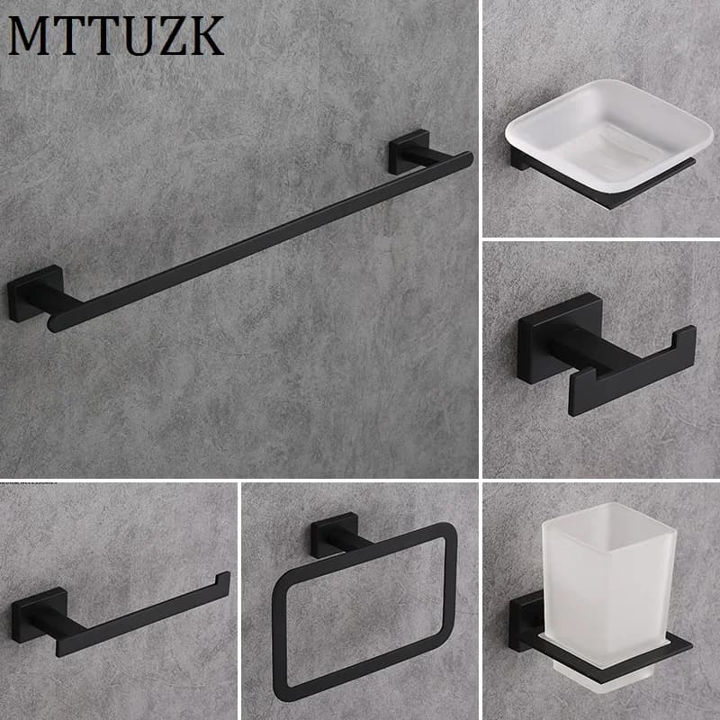 MTTUZK Portasciugamani nero opaco Portasciugamani Set hardware in acciaio inossidabile nero, gancio per accappatoio, portabicchieri Portasapone Accessori per il bagno