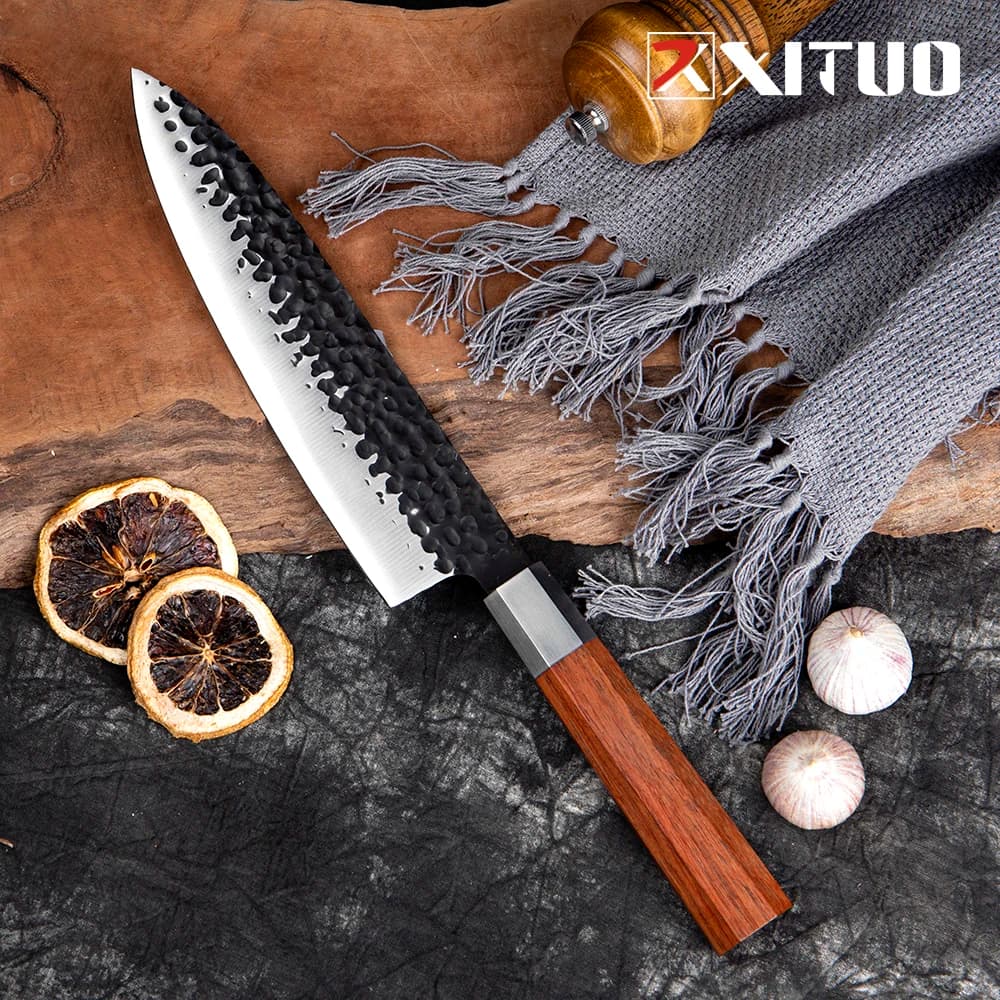 Coltello da Chef Giapponese XITUO da 8 Pollici, Forgiato a Mano in Acciaio ad Alto Tenore di Carbonio, Affilato, per Cucina, Affettare e Sushi