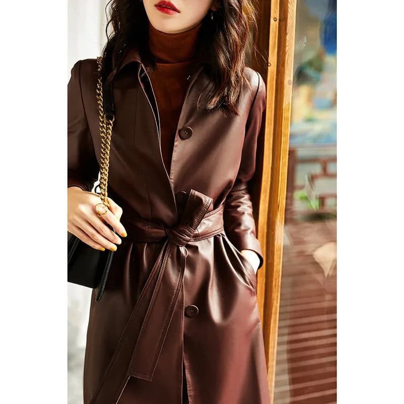Women's Large Size Leather Coat Lace up Genuine Sheepskin Long Trench Jacket Top for Spring And Autumn
