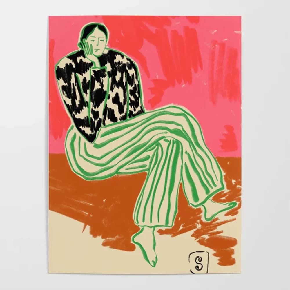 Wall Art Poster Modular Lady Cartoon Red Green Pictures HD Printed Canvas Simple Painting Home Decoration Living Room No Frame