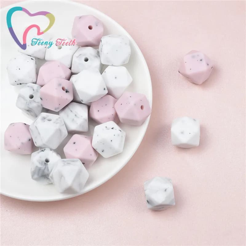 Teeny Denti 10 PEZZI di Marmo e Grintoso Esagono 14-17 MM Perline Dentizione Perle di Silicone di Grado Alimentare Del Silicone Dei Monili di giocattoli del bambino Perline