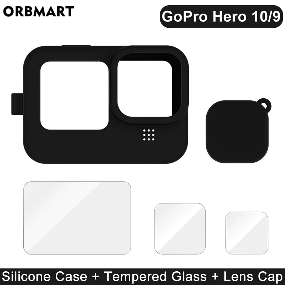 Custodia in silicone per GoPro Hero 12 11 10 9 Pellicola protettiva per schermo in vetro temperato nero Copriobiettivo per GoPro9 12 Accessori