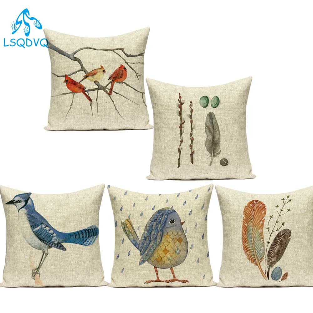 Cute Cartoon Lovely Animals Birds Stone Feather Wood Decorative Pillows Cushion Cover Polyester Pillowcase for Sofa Car Home