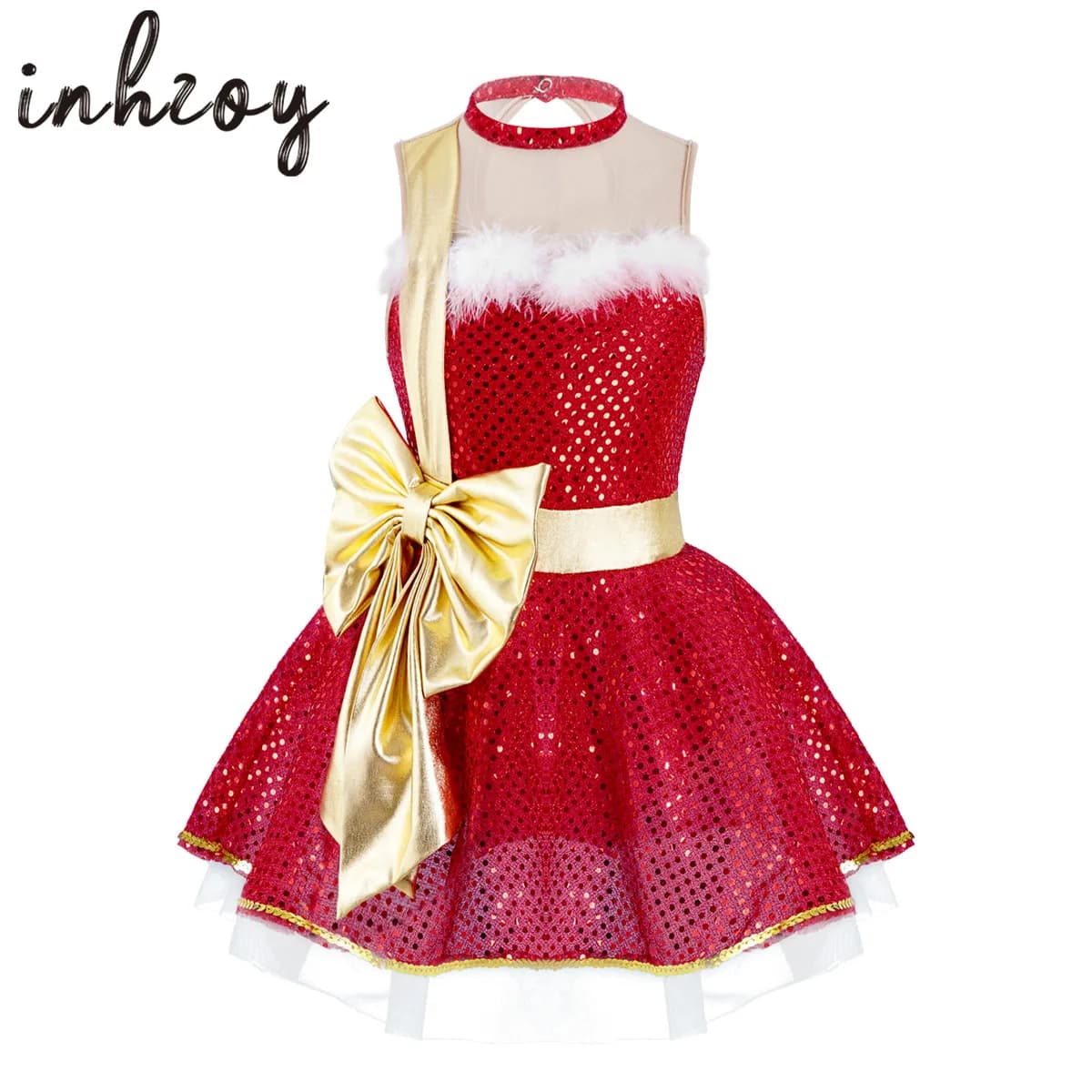 Ragazze Bowknot Paillettes Costume di Natale Candy Cane Mrs Babbo Natale Abito Figura Pattinaggio su ghiaccio Balletto Tutu Dress Body Dancewear