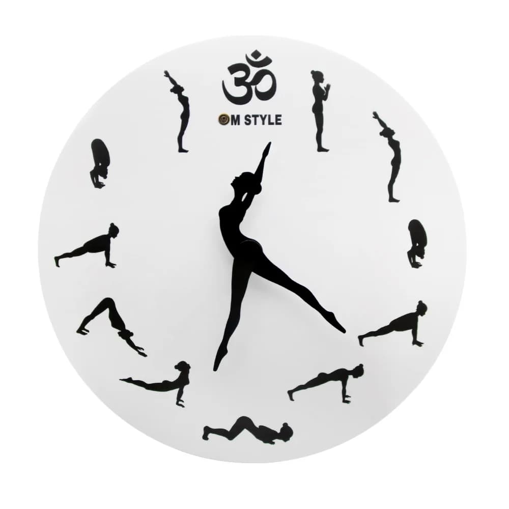 Yoga Pose Clock Hands Yoga Positions Sun Salutation OM Style orologio da parete Surya Namaskar Wall Art Modern Yogic Silent Wall Watch