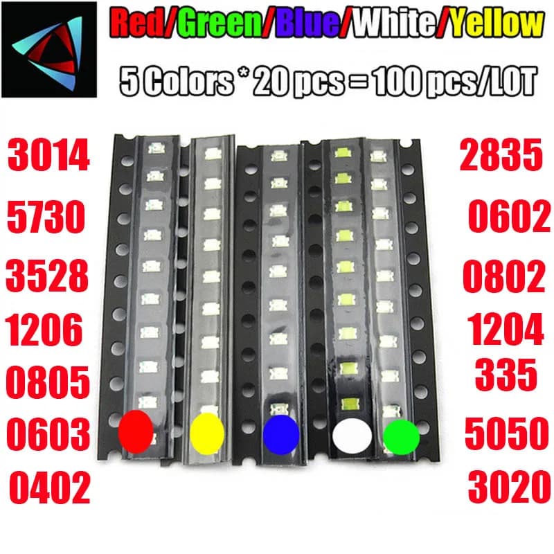 100 pezzi = 5 colori x 20 pezzi 0402 2835 1210 1206 0805 0603 3014 3020 Assortimento Kit diodi LED SMD Verde/ROSSO/Bianco/Blu/Giallo
