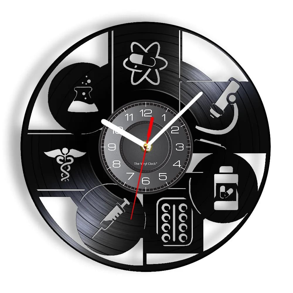 Farmacia Dottore Clinica Vinile LP Orologio da parete Scienza Farmacista Orologio da parete medico Arte Chimico Invenzioni Medico RX Caduceo Regalo