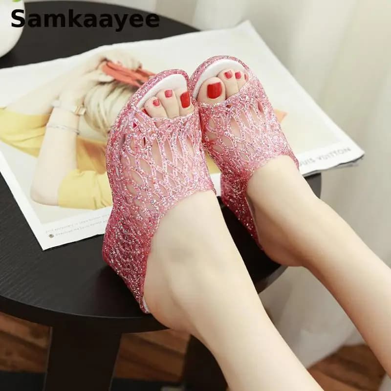 Taglia 36-40 Sandali da donna Pantofole Scarpe con plateau Sandali con zeppa Ciabatte Zoccoli Estate femminile Peep Toe 7.5CM Tacchi di cristallo Zapatos