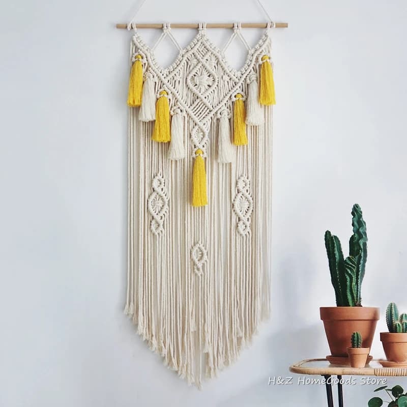 Macrame Wall Hanging Woven Tapestry Boho Wall Art Decor Room Home Decor Apartment Farmhouse Nursery Party Decoration Yellow
