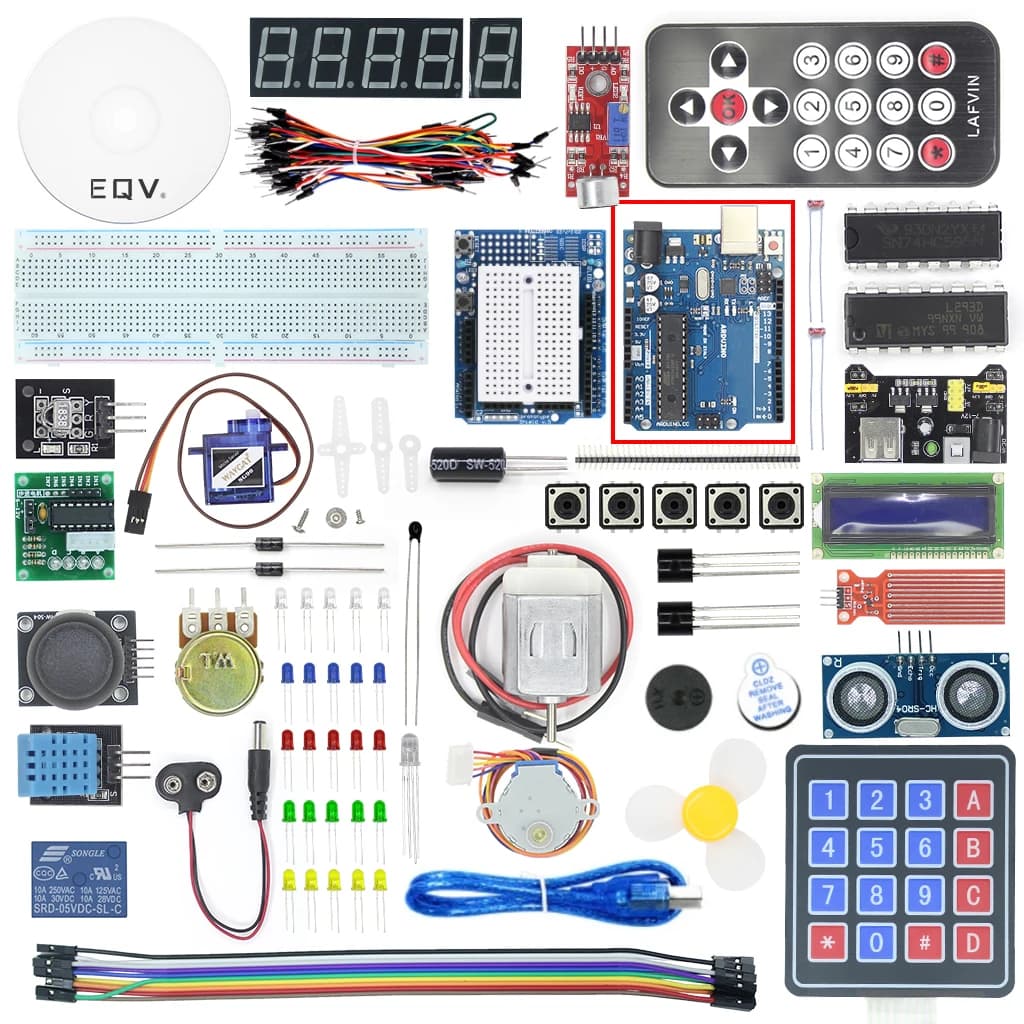 EQV Super Starter Kit per Arduino UNO R3 - Uno R3 Breadboard/Motore passo-passo/Servo SG90/1602 LCD/cavo ponticello/Tutorial CD