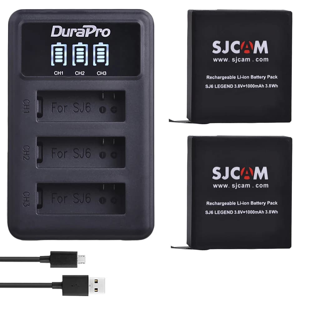 DuraPro 2PC 1000mAh Batteria originale per fotocamera SJCAM SJ6 + LED Caricatore USB a 3 slot per fotocamera sportiva SJCAM SJ6 Legend Action