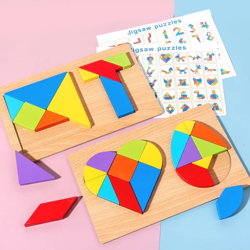 Puzzle in legno 3D Cuore Uovo Tangram Forma geometrica Bambini Cognitivo Puzzle fai da te Giocattoli educativi per l'apprendimento precoce