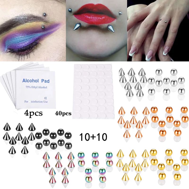 Stainless Steel Fake Piercing Stud Set Fake Nose Ring Stud Sticker Pack Fake Eyebrow Lip Piercing Non Piercied Earring Stud Lot