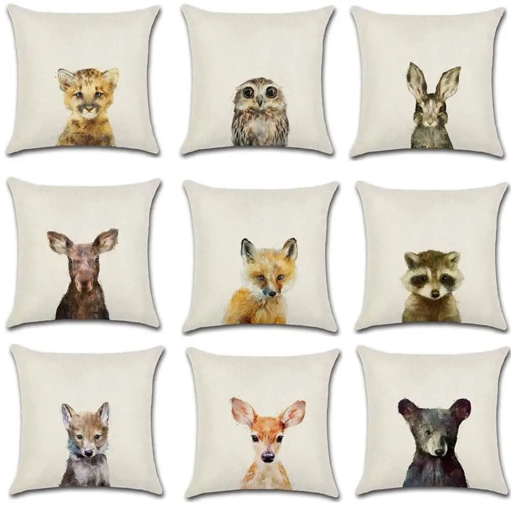 Cute Cartoon Rabbit Printed Cushion Cover Cotton Linen Bear Owl Pillow Case Sofa Decorative Pillowcases Cover funda de almohada