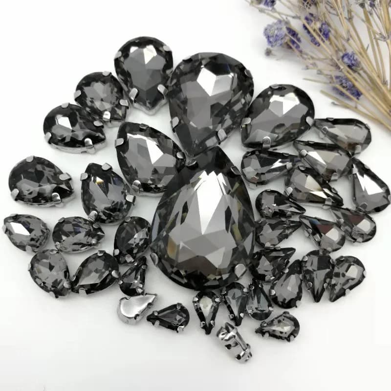 30 pieces 7 sizes mixed gray water drop glass crystal seam rhinestones with silver claw diy wedding dress / clothing accessories