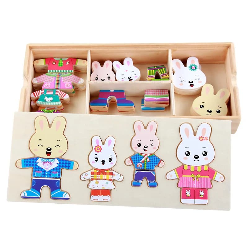 Giocattolo di legno del fumetto Coniglio che cambia vestiti Puzzle Montessori Abito educativo che cambia puzzle Giocattoli Bambini Regali per bambini