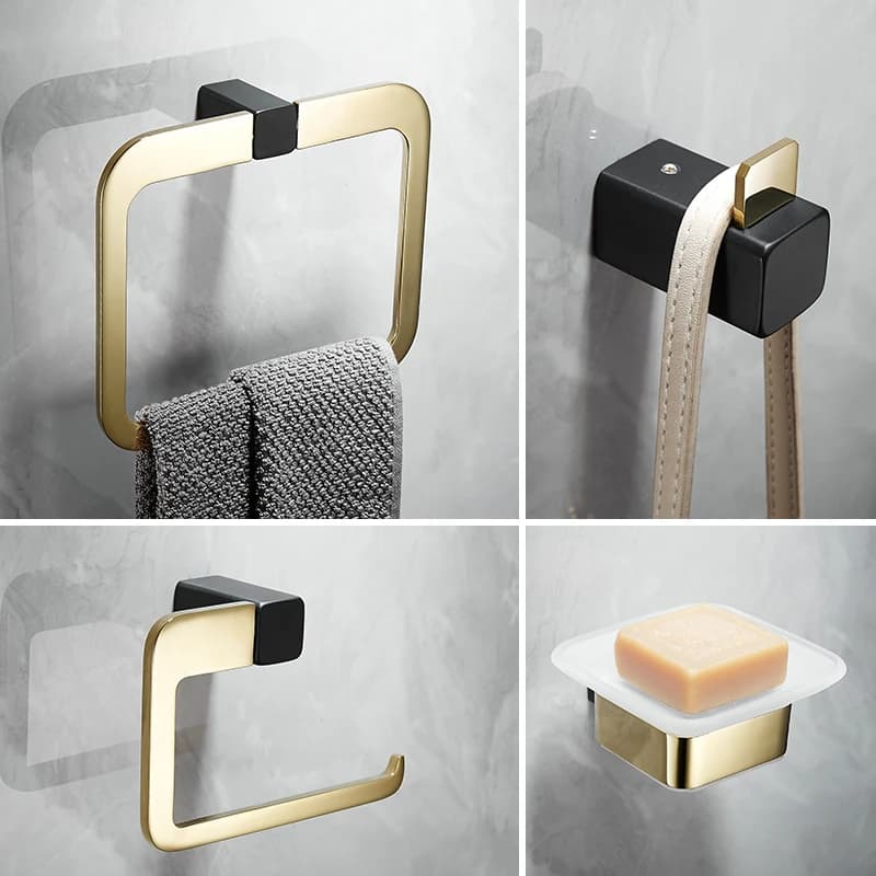 Set di Accessori per Bagno in Acciaio Inox Nero e Oro - Portarotolo, Portaspazzolino, Portasciugamani, Portasapone, Gancio Appendiabiti