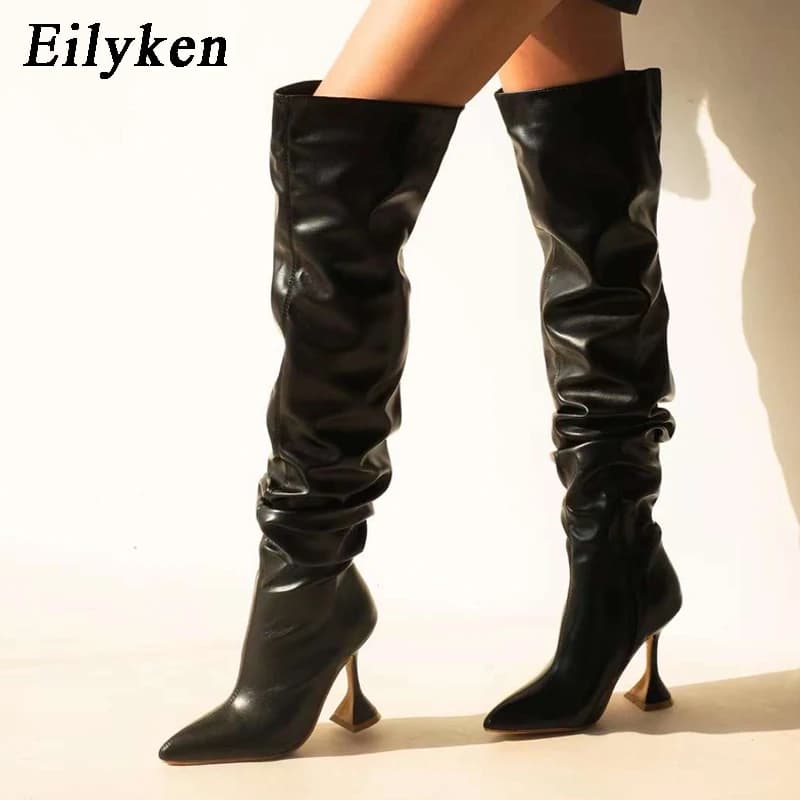 Eilyken Boots above the knee in white pleated leather Fashion pattern High heels Women shoes with sexy design with zipper