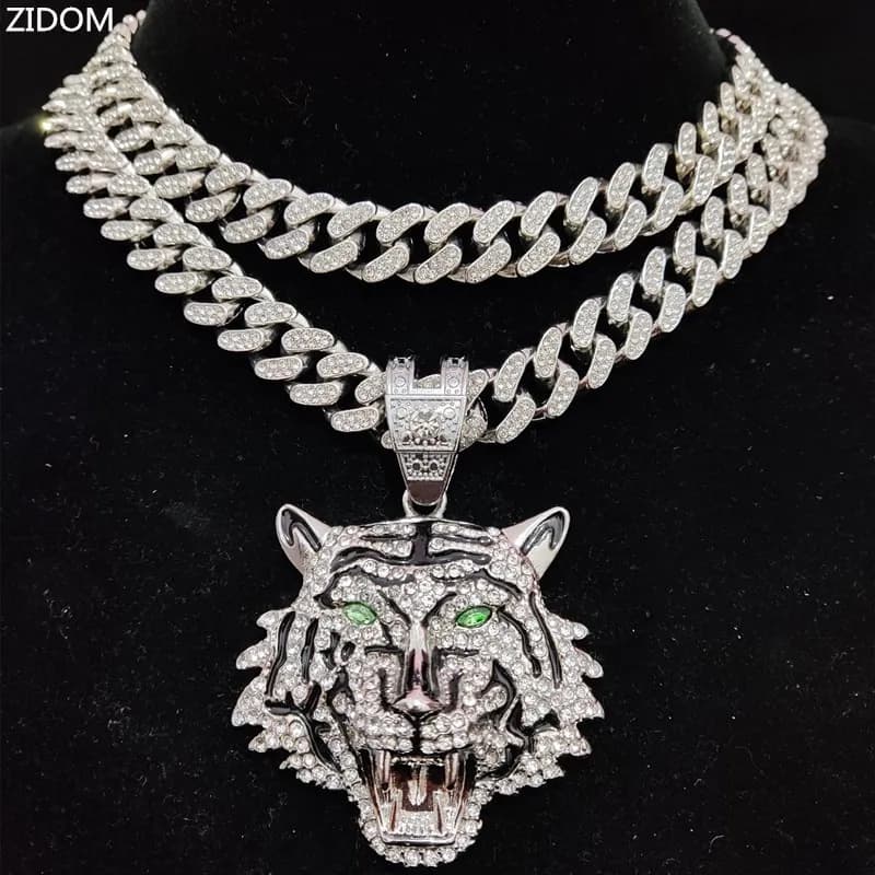 Collana con ciondolo tigre 3D Hip Hop con catena cubana in cristallo da 13 mm Collane con bling ghiacciato HipHop Uomo Donna Gioielli con ciondoli di moda