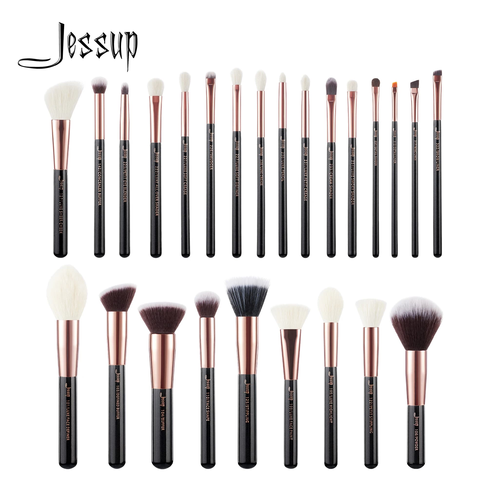 Jessup Kit pennelli trucco 10-25 pz nero/oro rosa fondotinta in polvere ombretto linea evidenziatore correttore frullatore Set cosmetico