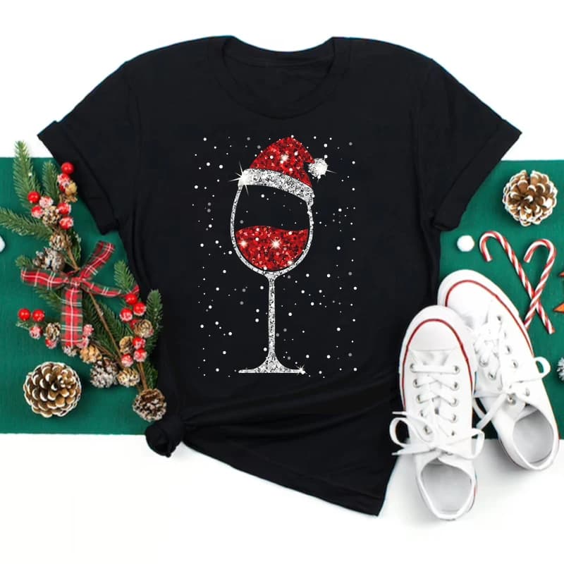 Maycaur Donna Bicchiere da vino Cappelli natalizi Maglietta nera Regali di Natale di Natale Maglietta superiore del fumetto Maglietta di Capodanno di moda Harajuku