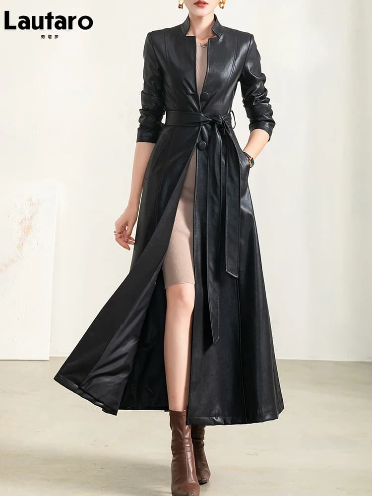 Lautaro Primavera Autunno Lungo Nero Morbido Impermeabile Cappotto in Ecopelle Cintura da Donna Manica Lunga monopetto Moda di Lusso 2022