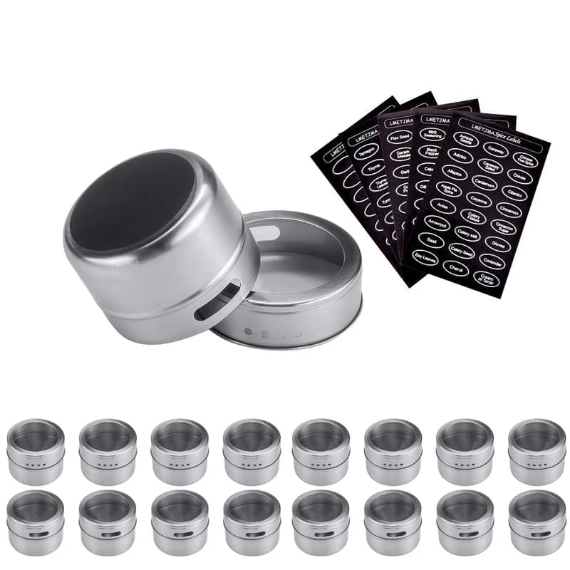 LMETJMA Set di barattoli per spezie magnetici con adesivi Barattoli per spezie in acciaio inossidabile Contenitore per spezie Strumenti per spruzzi di condimento al pepe