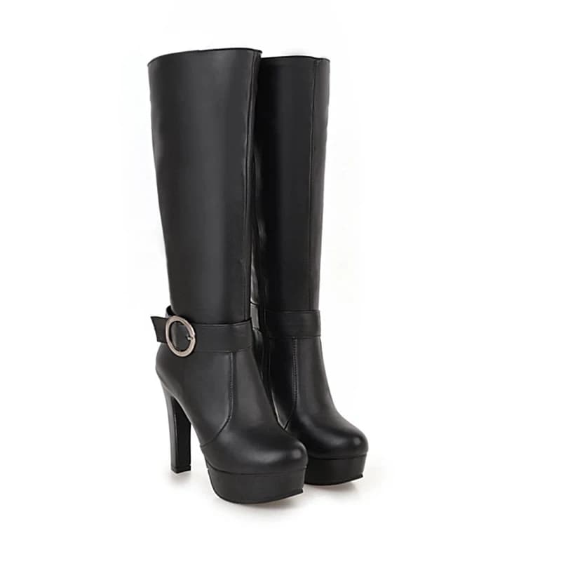 Women's High Knee Boots Fashion Autumn Winter New High Heels Round Toe Zip Lateral Elegant sexy black leather boots with K6 plateau