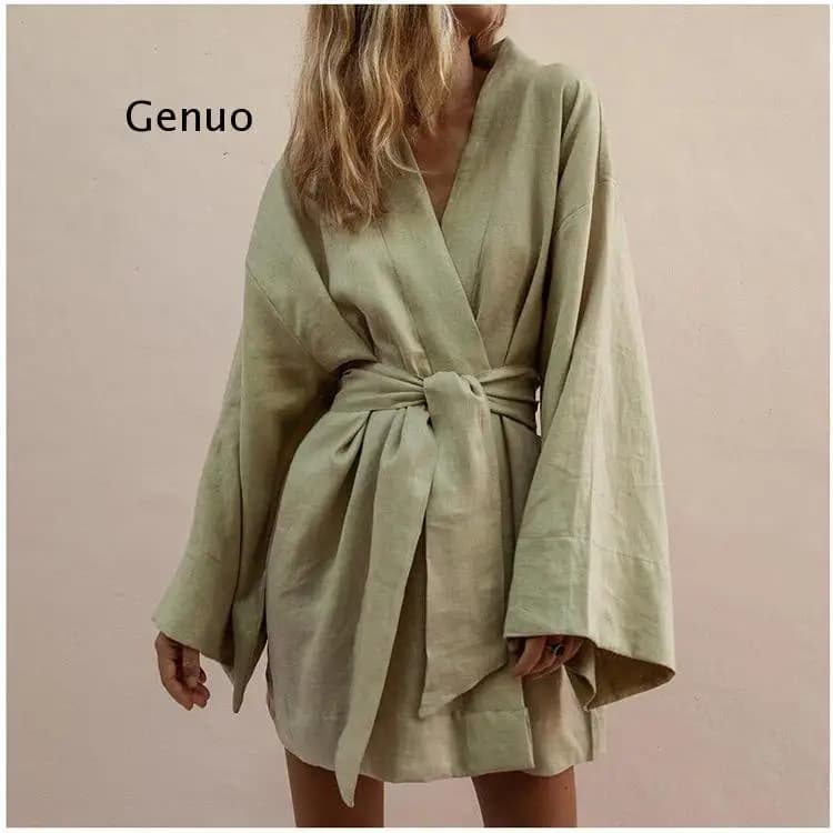 Cardigan Kimono con scollo a v da donna con lacci Mini abito lino in cotone maniche lunghe fusciacche abito abito stile abiti larghi estivi