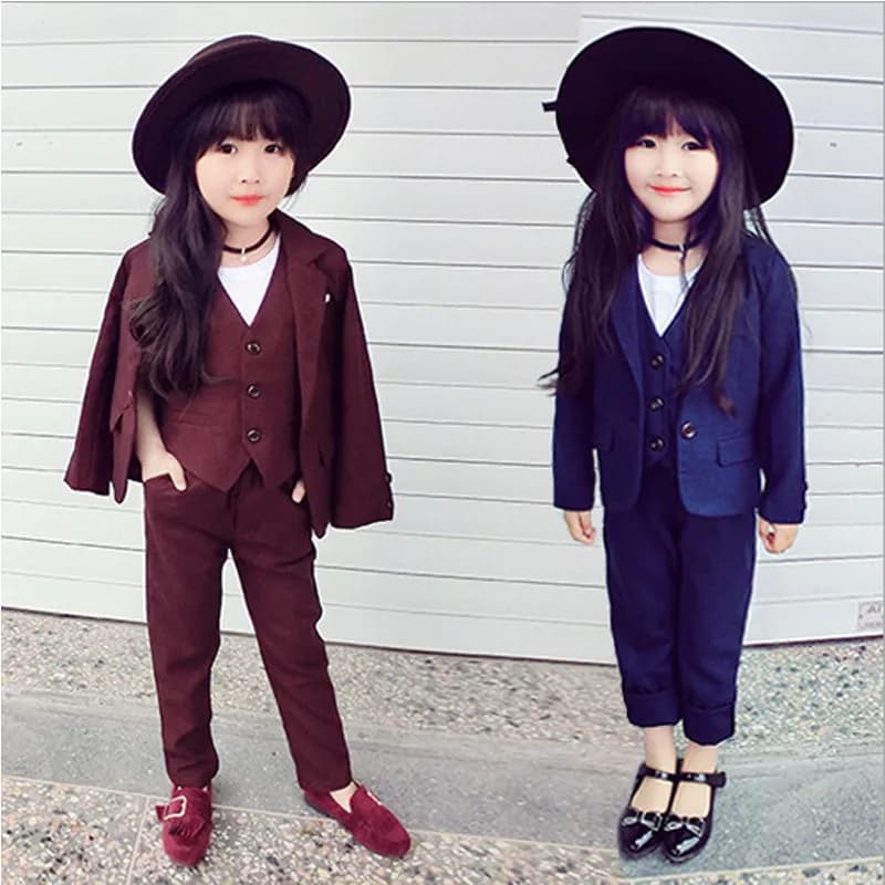 Giacca formale per ragazze gilet pantaloni 3 pezzi Set di abbigliamento festa di compleanno per bambini abito da sposa corea abito da sera per bambini