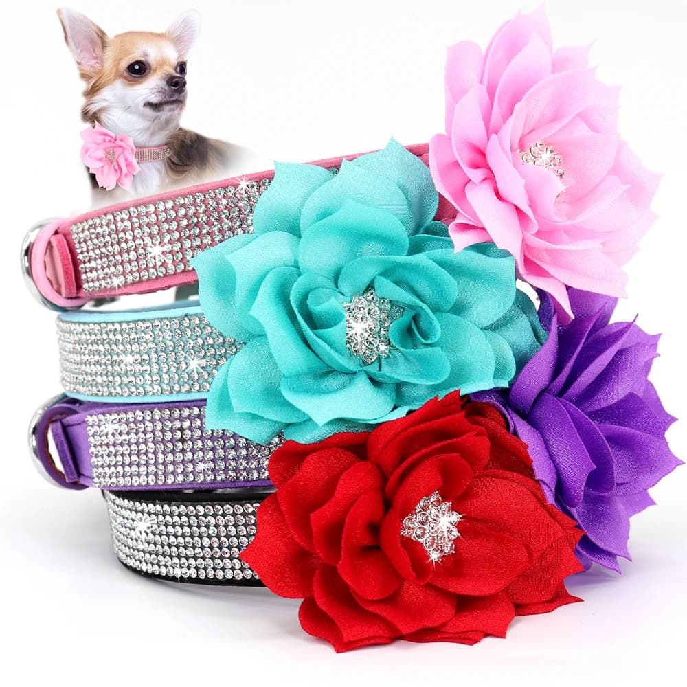 Collare per cani con strass bling con accessorio floreale Collana per collari per cuccioli di gatto in morbida pelle scamosciata per cani di piccola taglia e media