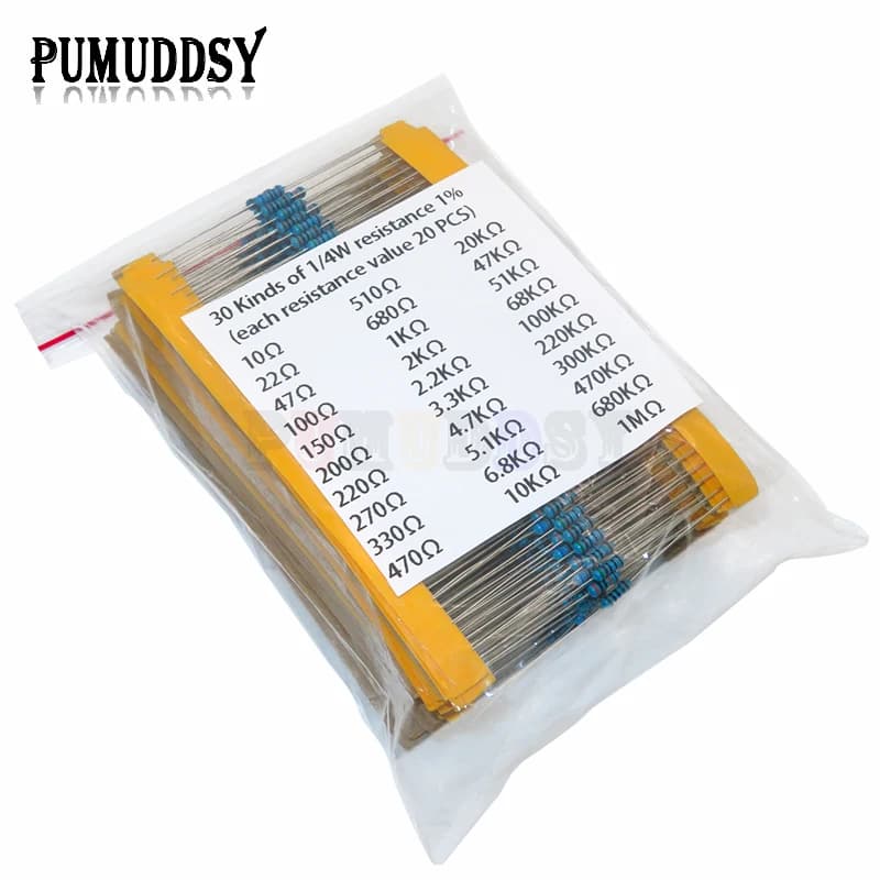 600 pz/set 30 Tipi 1/4W Resistenza 1% Pacchetto Resistore a Film Metallico Kit Assortito 1K 10K 100K 220ohm 1M Resistori 300 pz/set