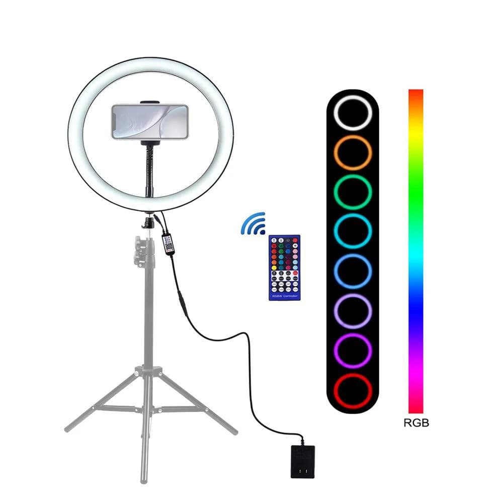 Anello luminoso a LED da 12 pollici Fotografia dimmerabile Selfie RGB Luce video a colori e scarpa fredda Testa treppiede e morsetto per telefono Spina UE USA