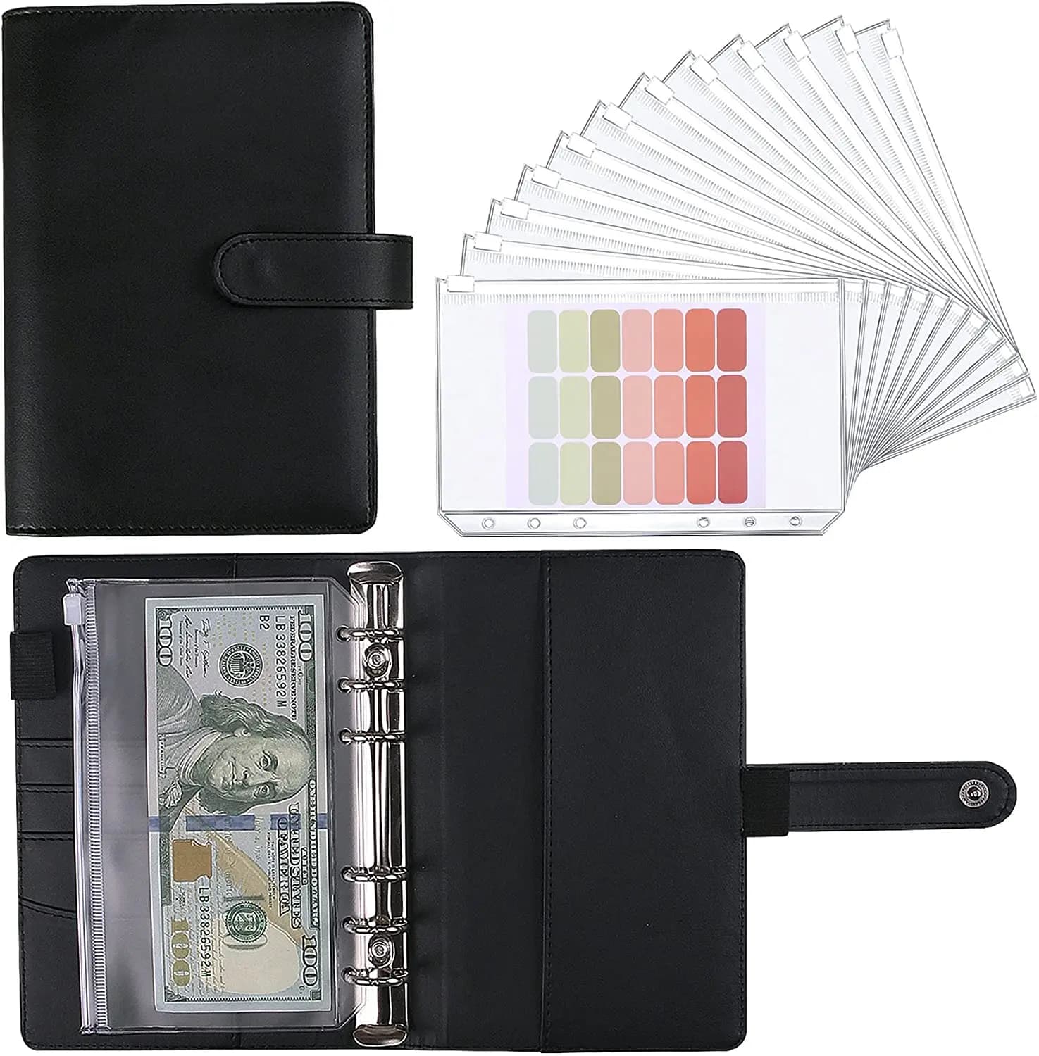 New A5 A6 Budget Binder Planner With 12 Pieces Cash Envelopes Colorful PU Leather Notebook Binder With 12 PCS A6 Binder Pockets