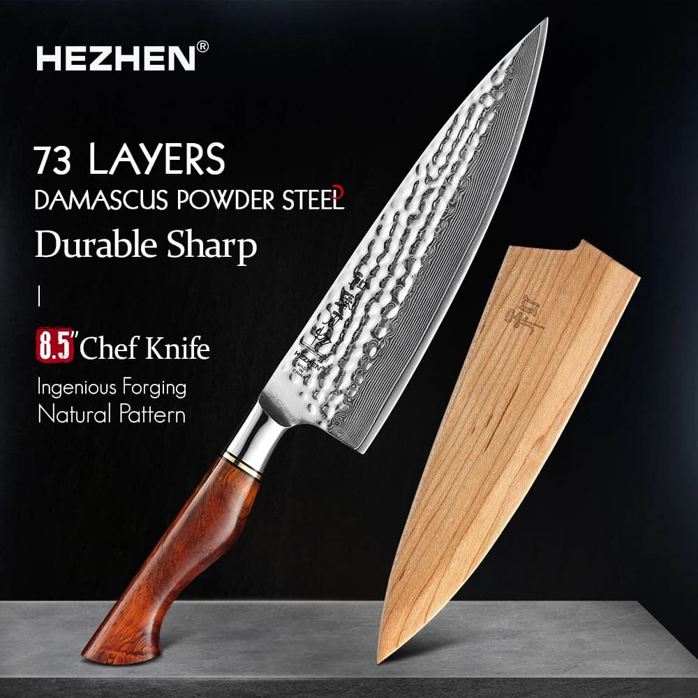 HEZHEN coltello da cuoco da 8.5 pollici 73 strati acciaio in polvere acciaio di damasco manico in palissandro naturale cucina coltello da cucina strumenti accessori