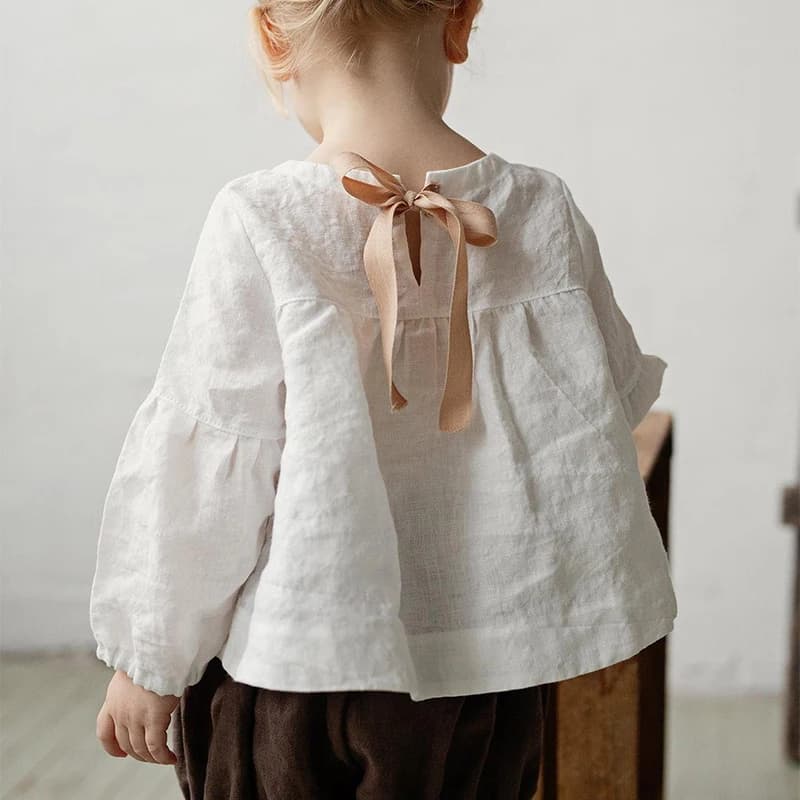 Lino Chic shirt with bow on the back for girls 2026 New Collection Tinta Unit Casual Larga Maniche Lunghe for Newborns and Girls Clothing Autumn