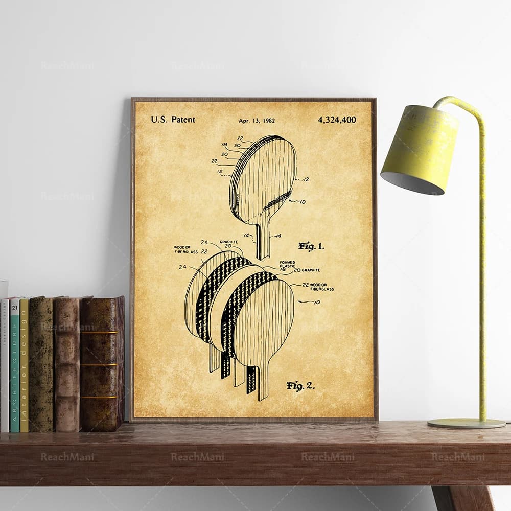 Prints patented by ping pong, ping pong poster, patented print for rackets, ping pong, ping pong print on wall canvas for ping pong