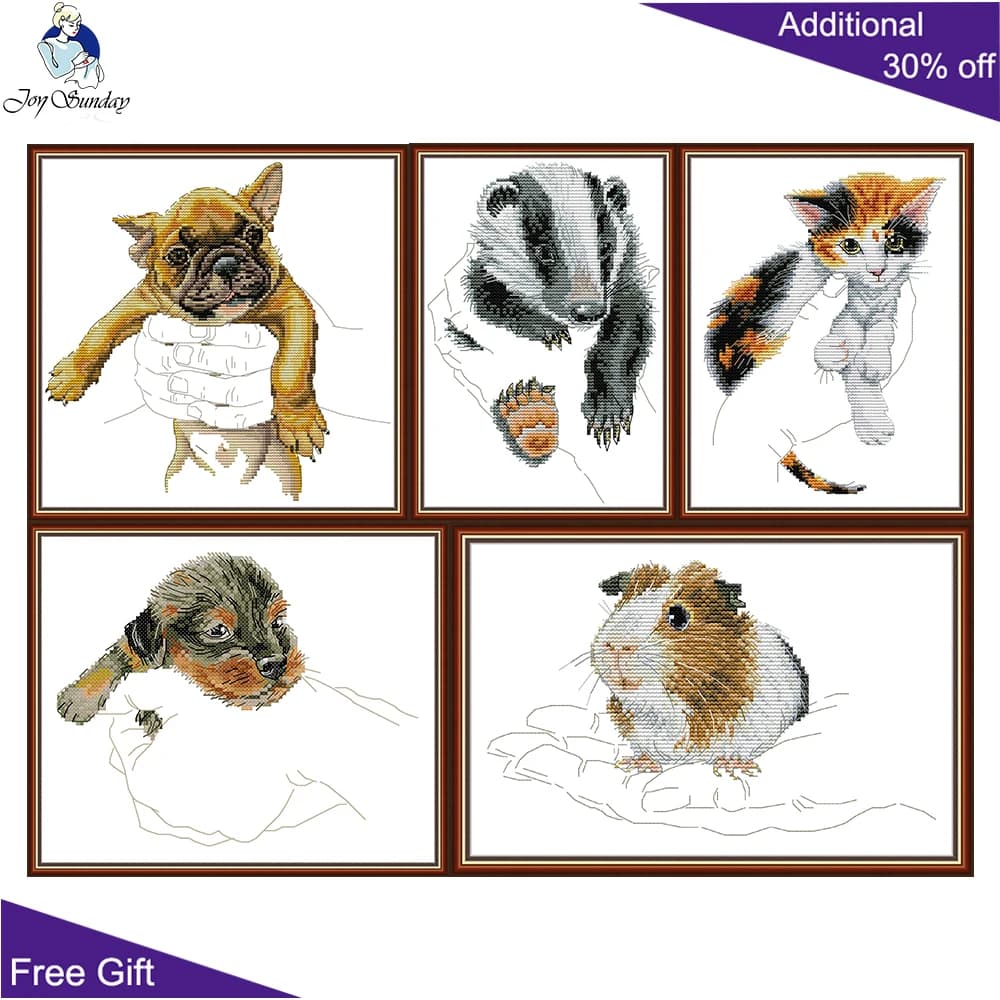 Joy Sunday Kit cross stitch, carlino, rate, porcellino d'India, puppy yellow, kitten in the palm, DA522, DA523, DA524, DA525, DA526