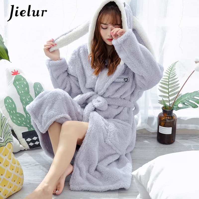 Velvet Jielur Coral Fleece Women's Bathrobe Sweat With Hood Robe Flannel Rabbit Kimono Bathrobe Vestaglie Degli Nightwear