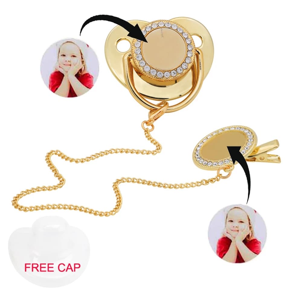Ciuccio per bambini vuoto con sublimazione personalizzata, clip per ciuccio con strass, catena dorata, ciuccio per neonati