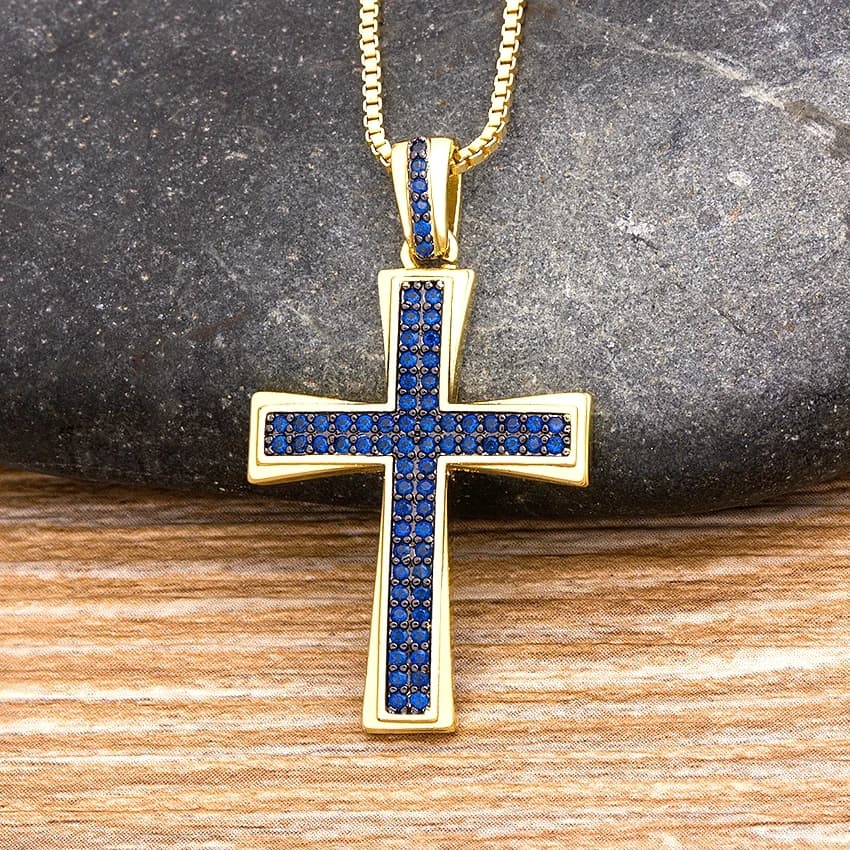 Nidin Nuovo Design Croce Collana a catena con ciondolo in cristallo blu Collana girocollo in rame con zirconi cubici 4 colori Scelta Regali di gioielli religiosi