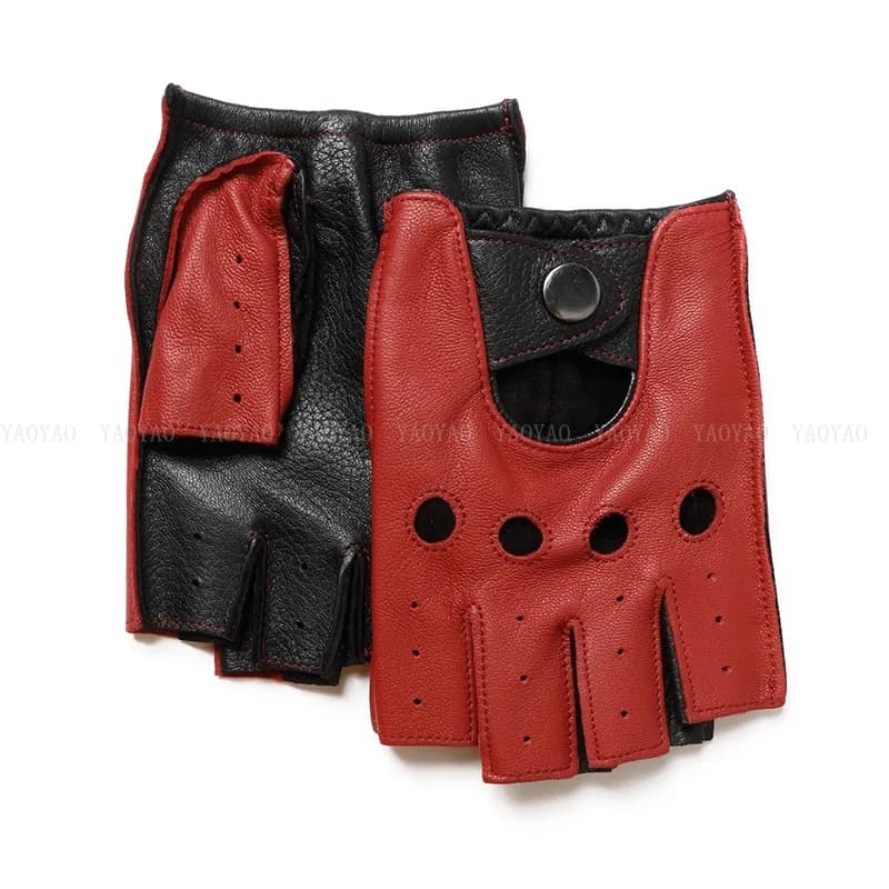 Guanti Sottili da Uomo in Vera Pelle di Pecora 100% Pura, Mezze Dita, per Guida e Equitazione, Colori Rosso/Marrone/Blu