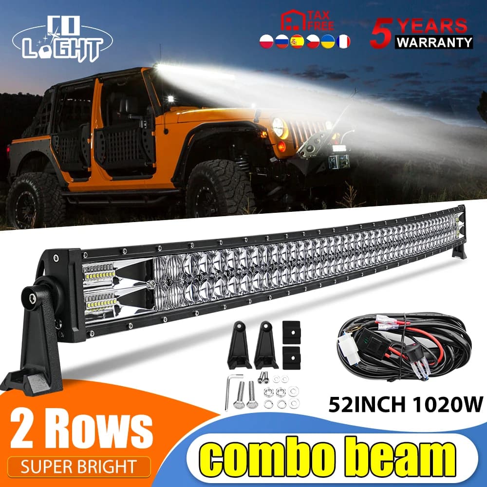 CO LIGHT 22 32 42 52 pollici barra luminosa a led curva COMBO 420W 620W 820W 1020W doppia fila guida fuoristrada auto camion 4x4 SUV ATV 12V 24V
