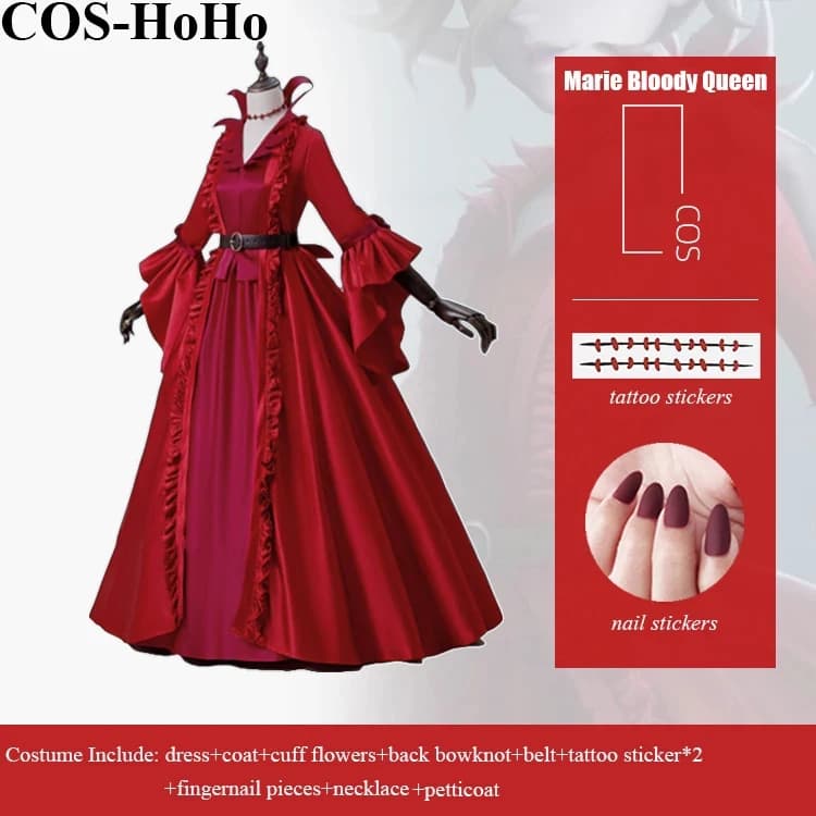 COS-HoHo Anime Identity V Marie Bloody Queen Stile europeo Abito rosso Uniforme Costume Cosplay Halloween Gioco di ruolo Vestito per le donne
