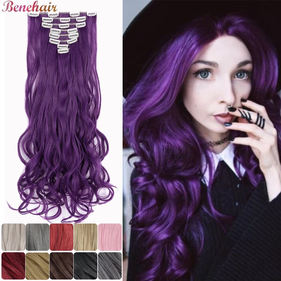 Benehair 24 ''8 pz Lunghi Ondulati Clip Sintetica nelle Estensioni Dei Capelli Onda Nero Viola Bionda Posticci Per Le Donne 2021 Nuova Fibra di Capelli