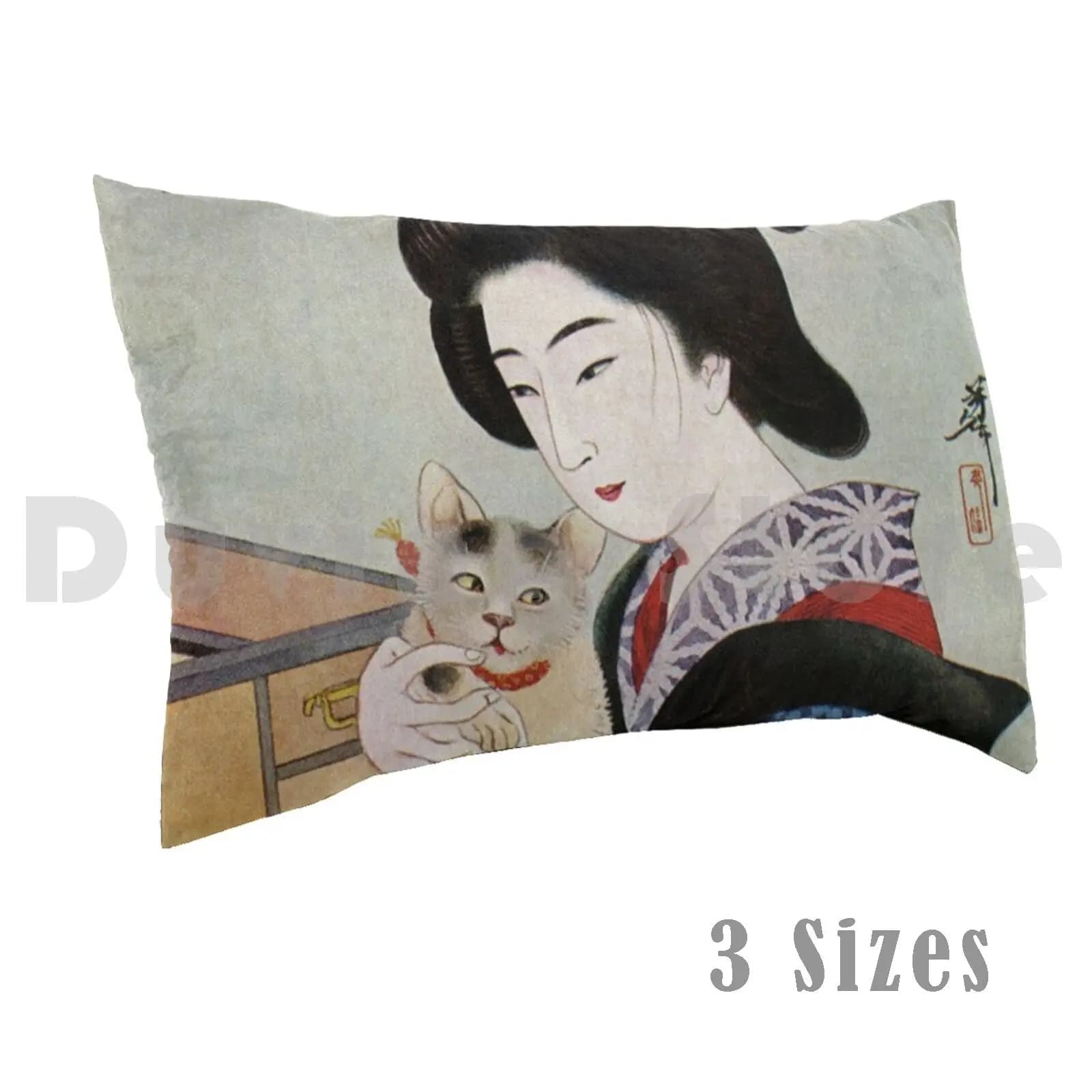 Una geisha e il suo gatto federa stampata 35x50 Giappone geisha giapponese gatti gatti kimono donna fan viaggi vintage