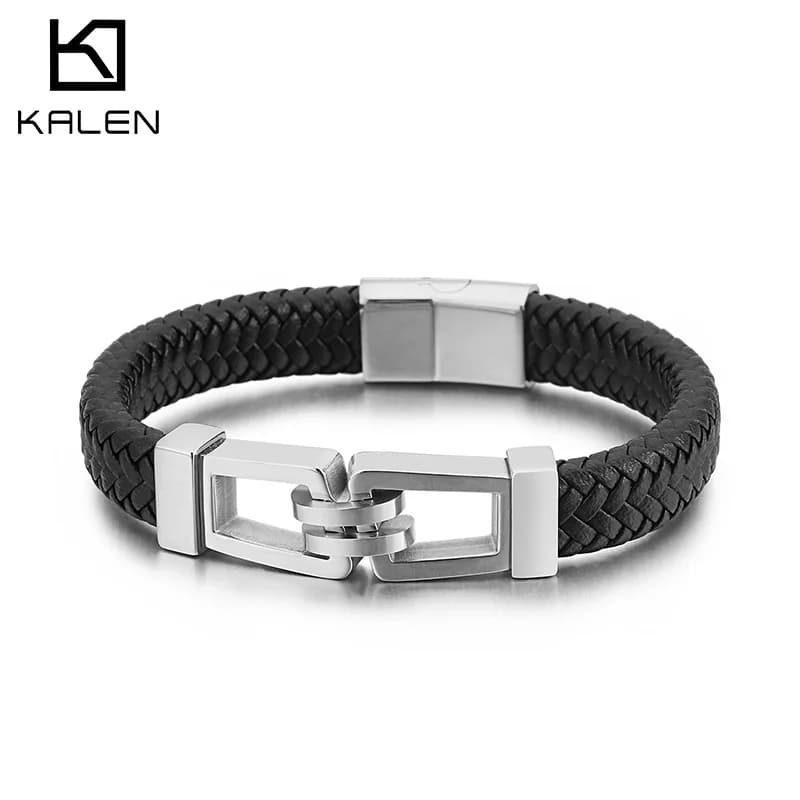 Kalen Bracciale in acciaio inossidabile con chiusura rettangolare Braccialetti in pelle alla moda da uomo Grosso regalo per feste di gioielli alla moda