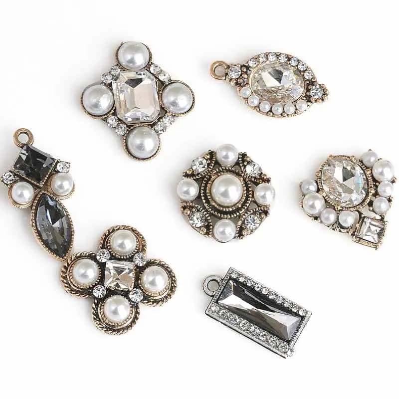 5pcs bottoni Flatback bottoni in metallo argento con decorazione perline per borsa fatta a mano/scarpa con foro chiusura a scatto accessori per cucire perle
